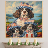 Mother English Springer Spaniel with Three Puppies in Patriotic Outfits and Hats on Ready to Hang 1.5" Thick Canvas Wrap, Floating Framed Canvas, Flat Rolled Canvas